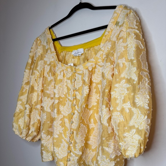NWT ANTHROPOLOGIE Yvonne Textured Yellow Boho Buttondown Puff Sleeve Blouse Top - Picture 4 of 10